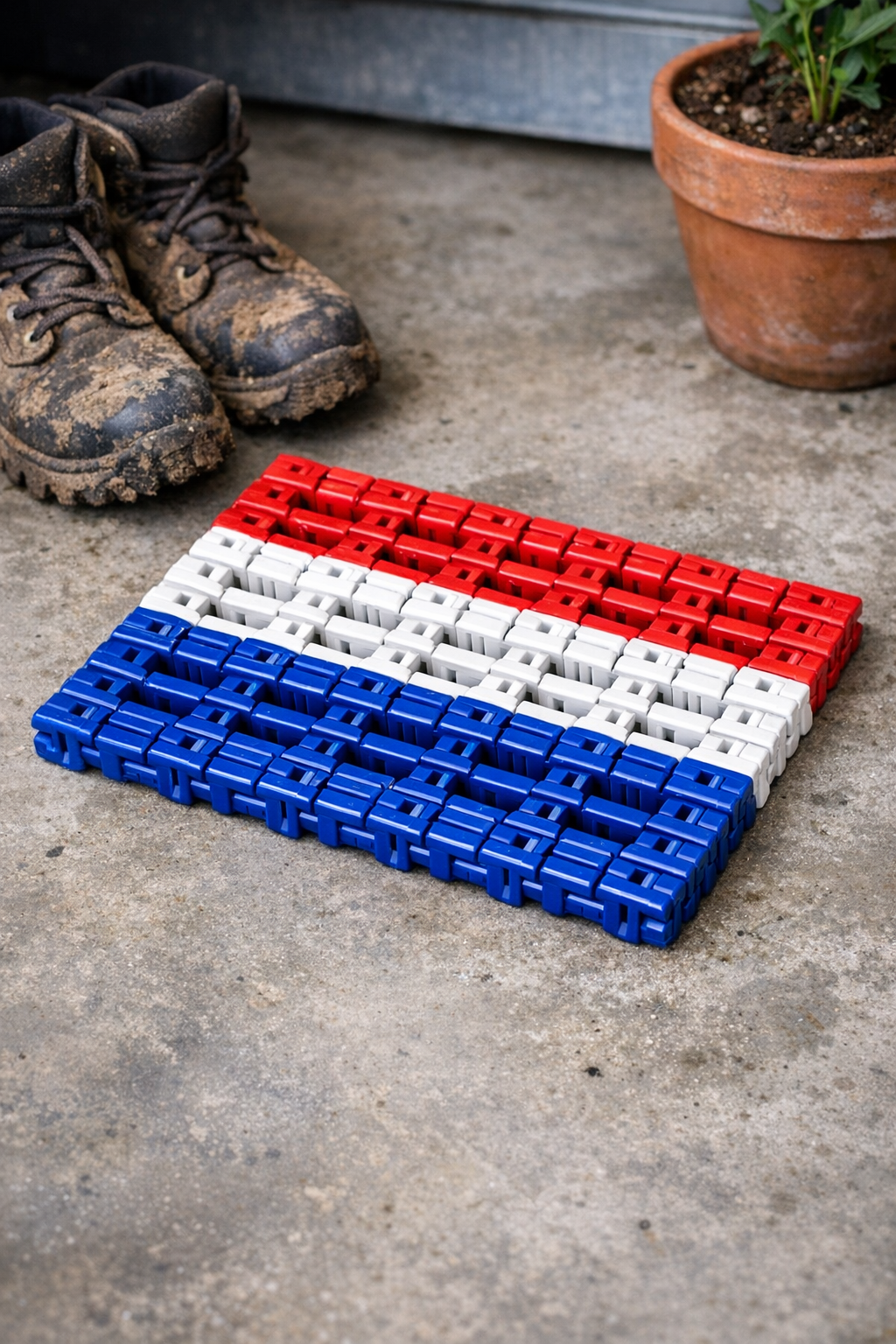 Finished red white and blue garage grate made from baked plastic clothespins