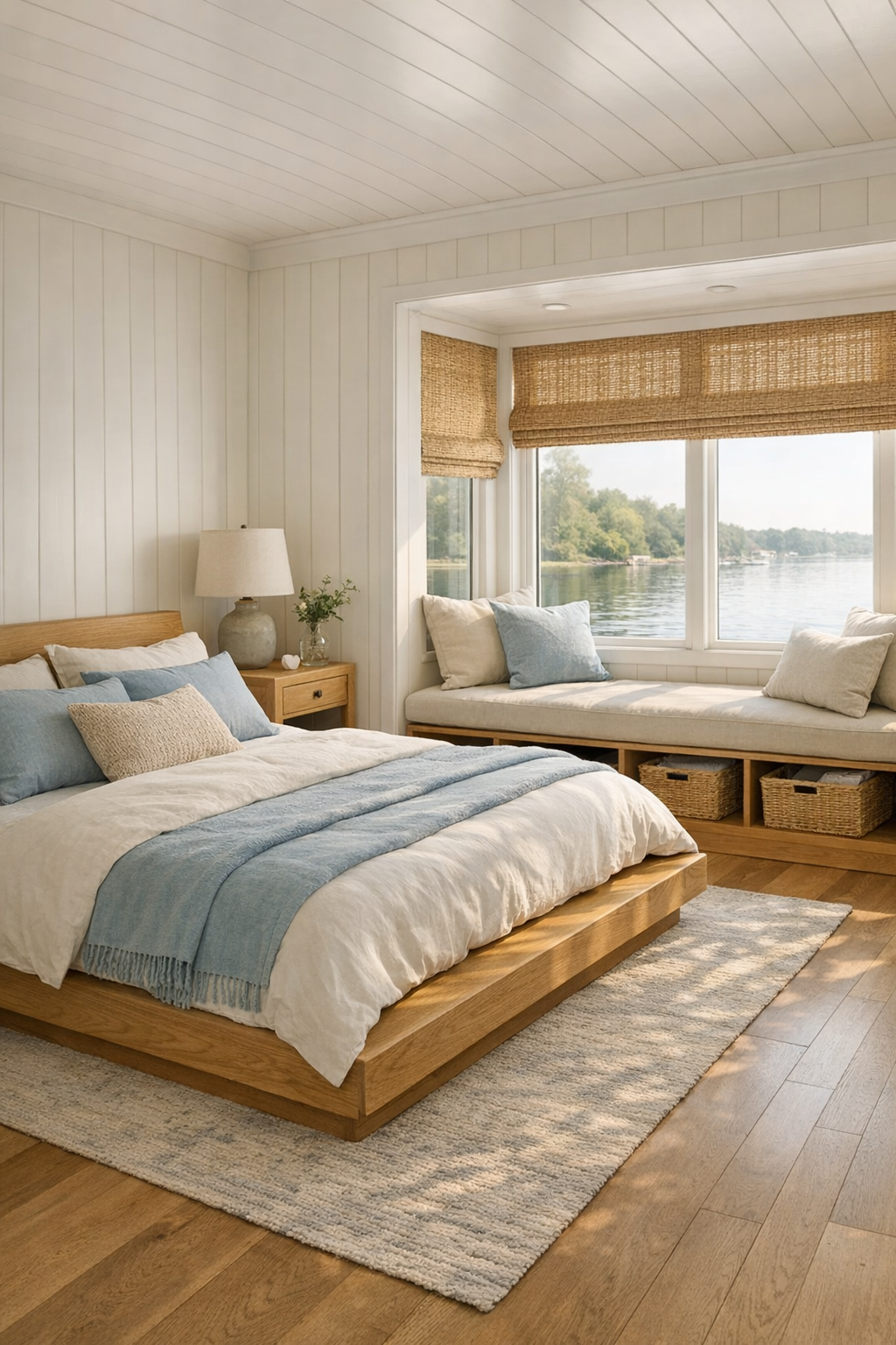 Serene cottage-style bedroom with white oak platform bed, layered ivory and pale blue bedding, and soft natural textures