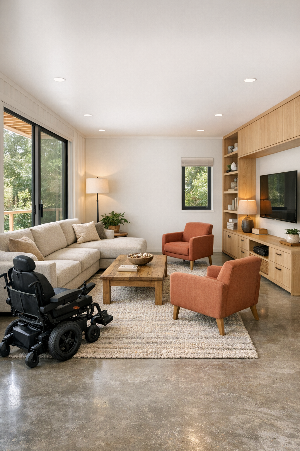 Warm accessible living room with clay and oak tones