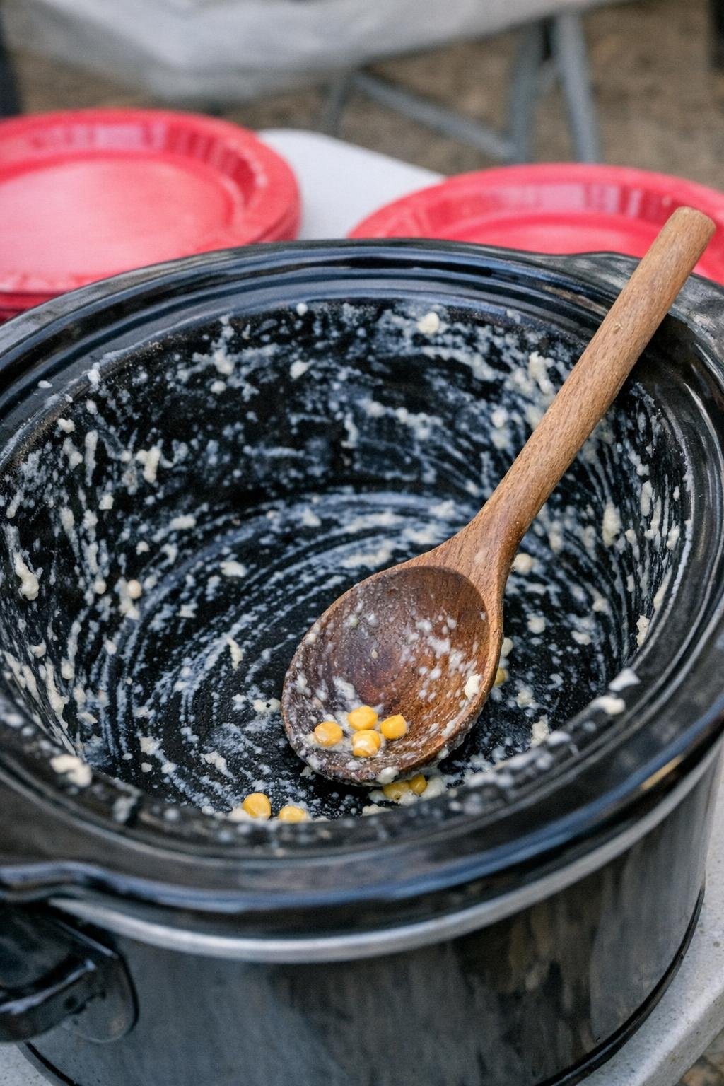 Slow cooker crock scraped nearly clean after serving creamed corn