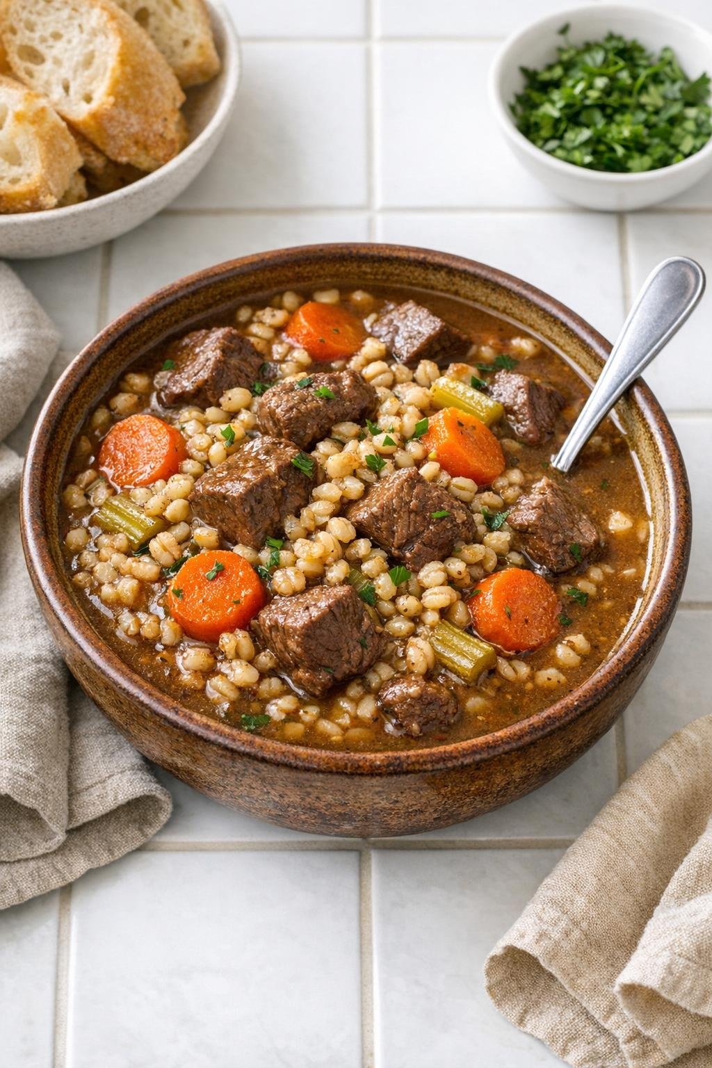 Finished beef and barley stew in a bowl
