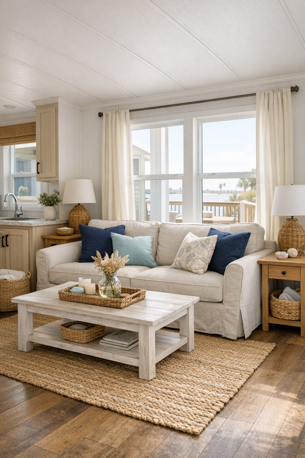 Bright coastal living room with white walls, oatmeal sofa, and navy accents
