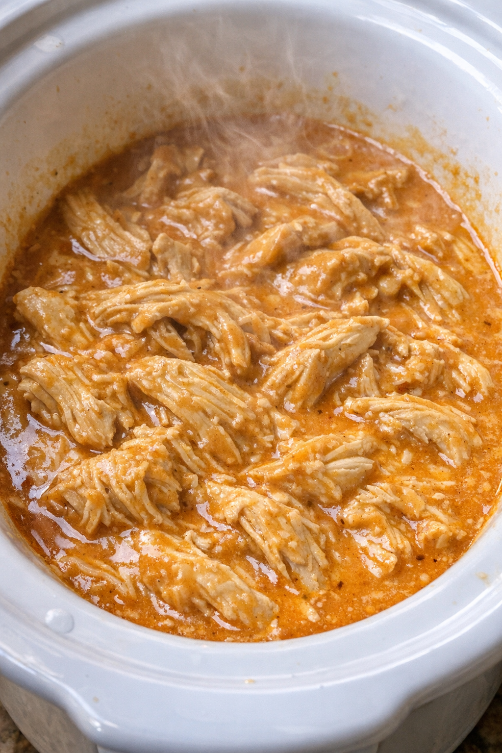 Slow cooker creamy enchilada chicken in a white slow cooker