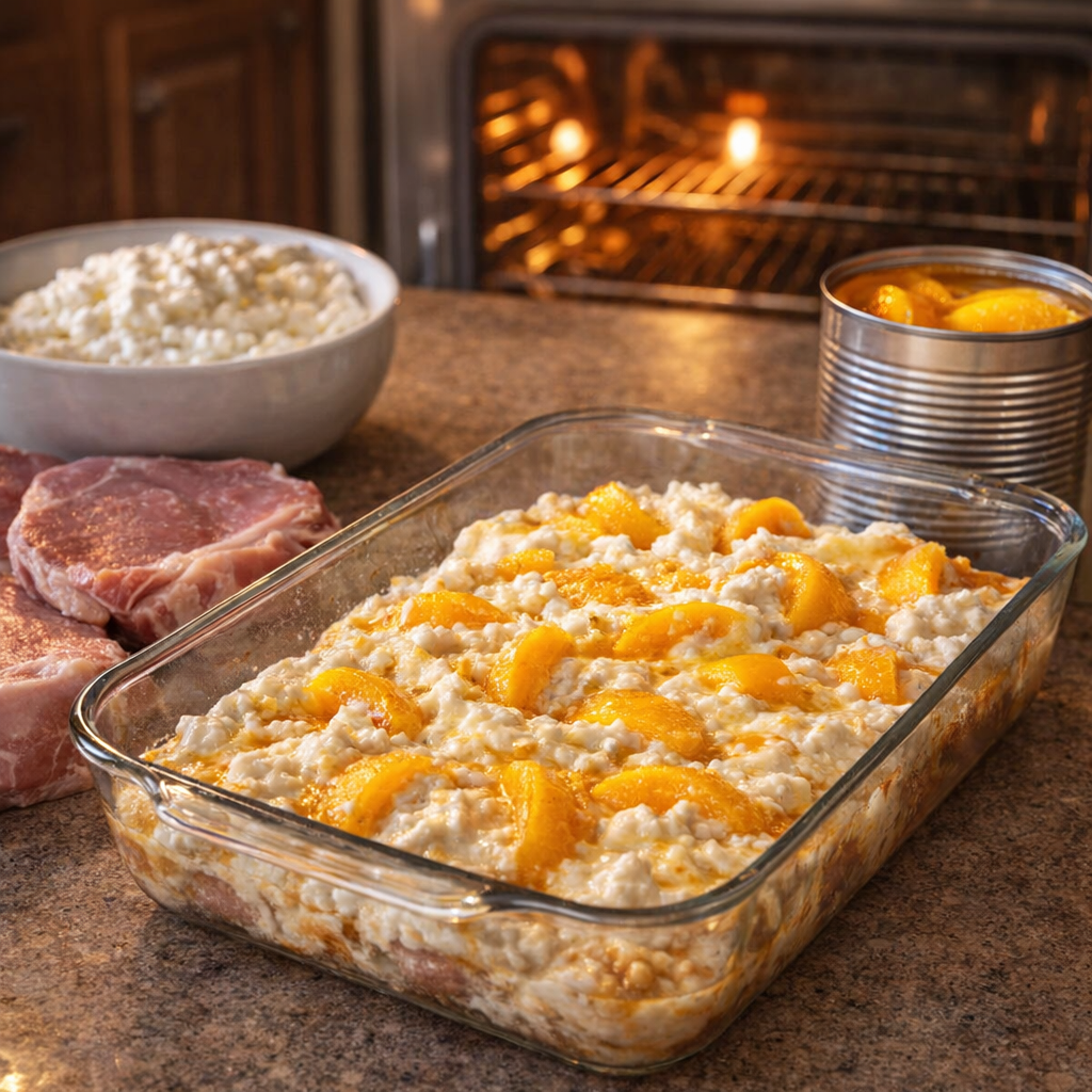 Glass baking dish and ingredients set up beside a preheated oven