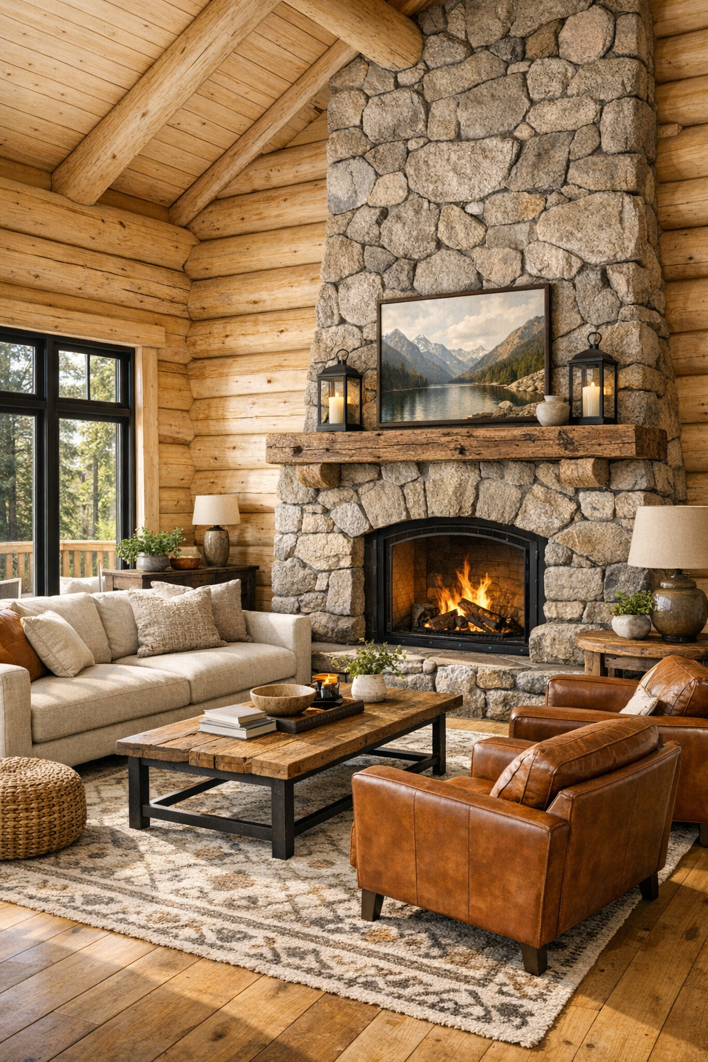 Living room with cedar walls, stone fireplace, and warm neutral seating