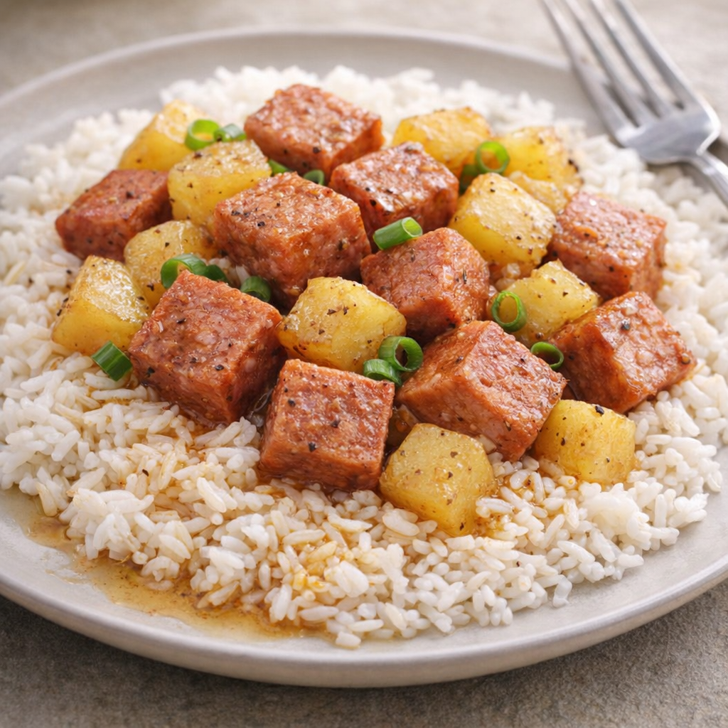 Spam and potatoes served over white rice on a dinner plate