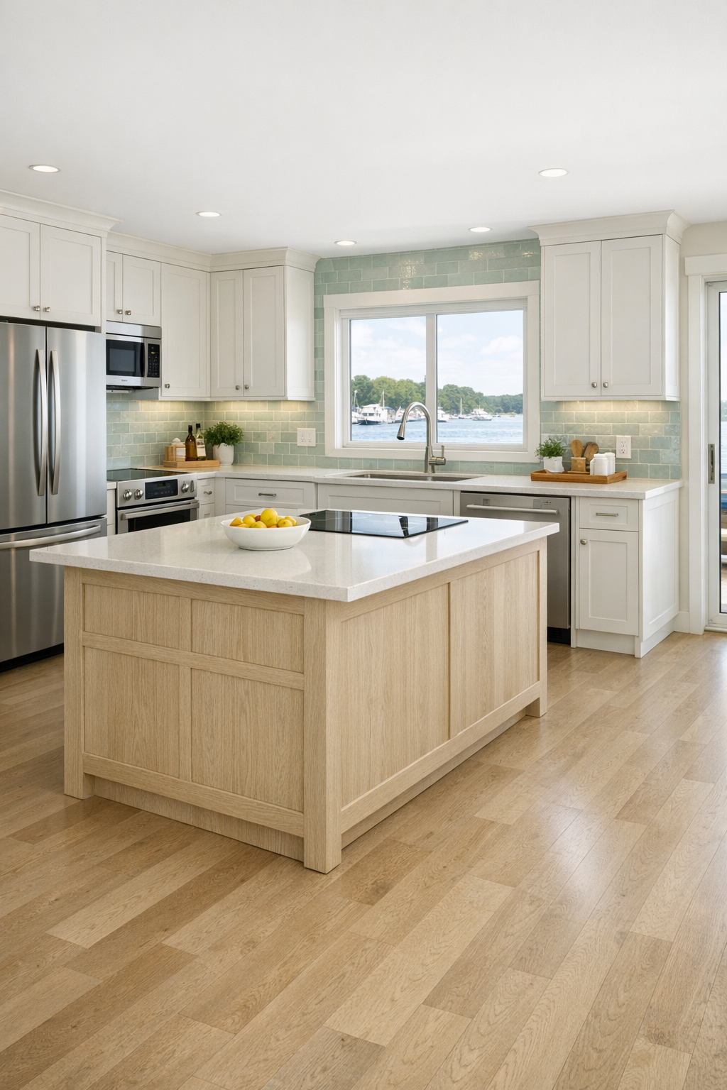 Barrier-free cottage houseboat kitchen with putty-white cabinets, pale oak island, quartz counters, and sea-glass tile backsplash