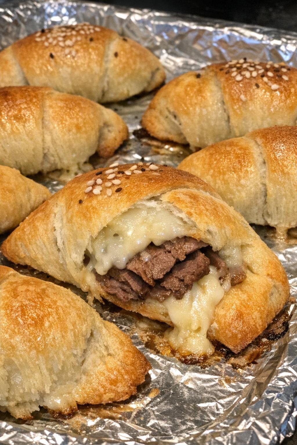 Golden brown crescent dough turnovers with roast beef and smoked havarti on a foil-lined baking sheet