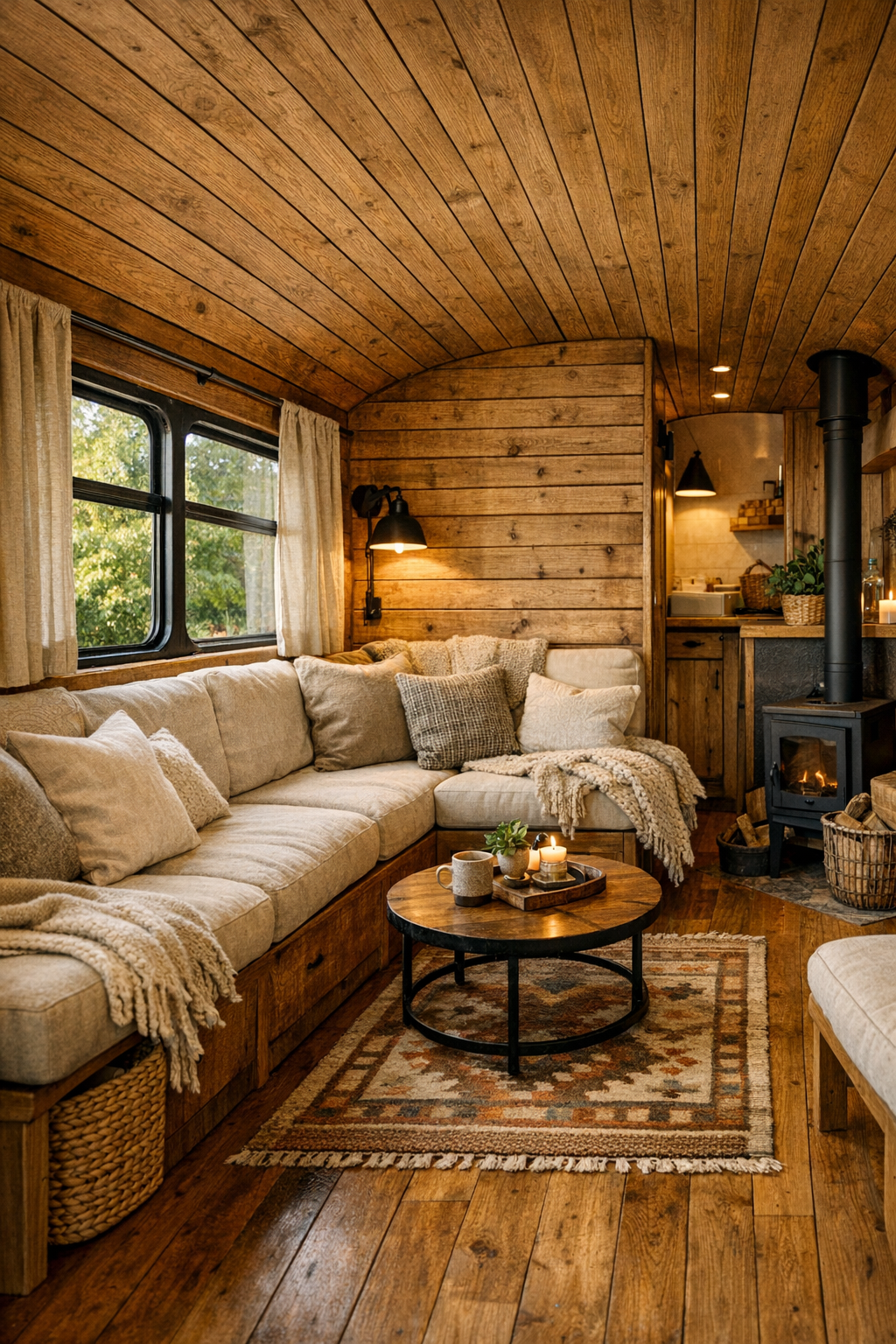 Rustic bus living room with built-in bench seating and warm wood interior