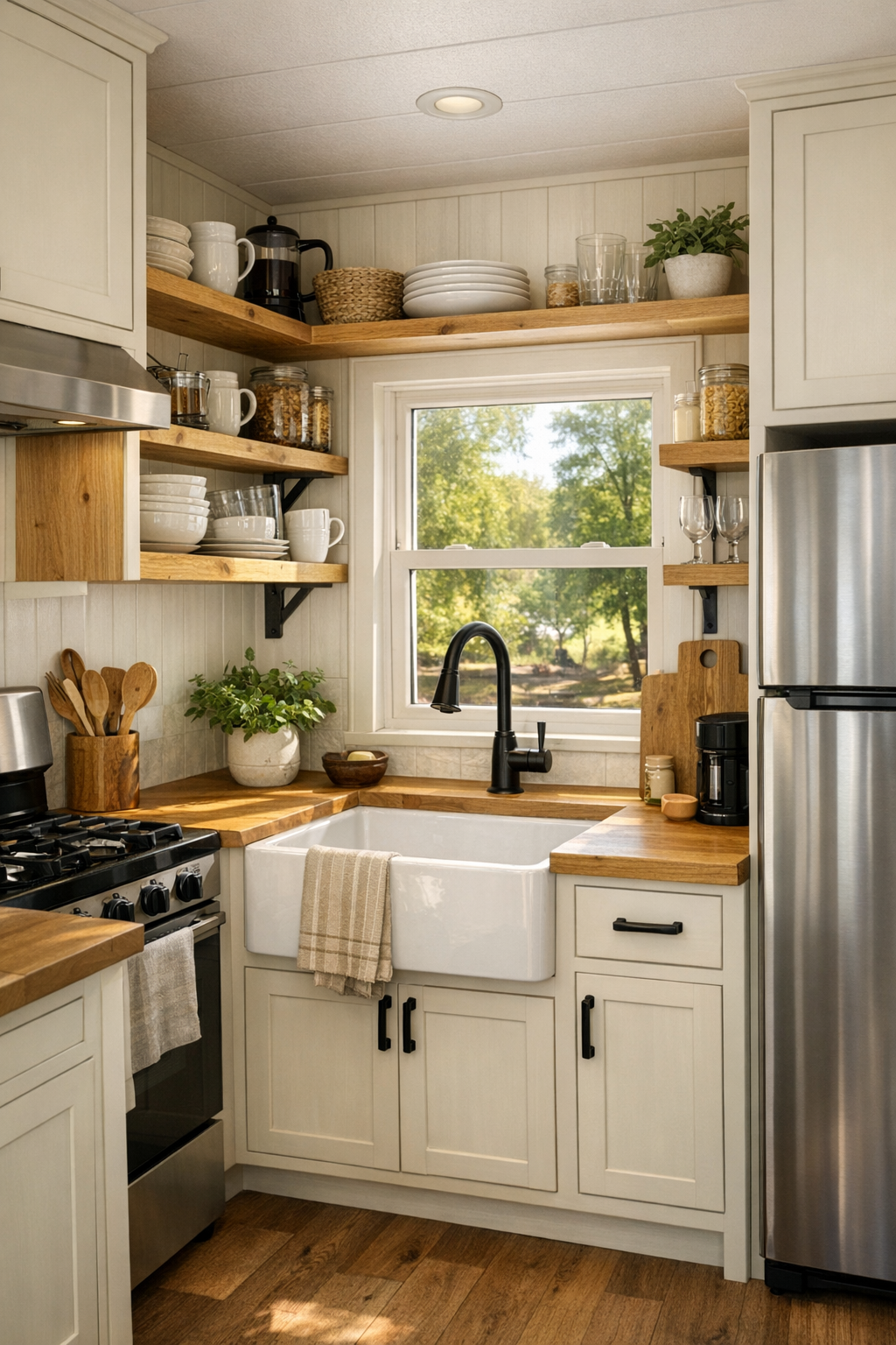 Charming compact kitchen with light cabinetry, wood counters, and a window over the sink