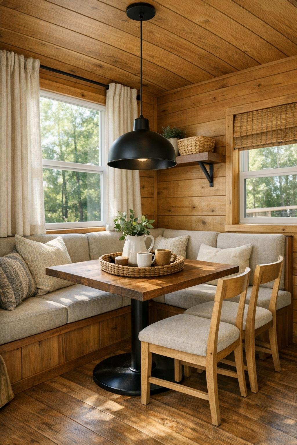 Warm dining area with a small wood table, banquette seating, and a simple pendant light