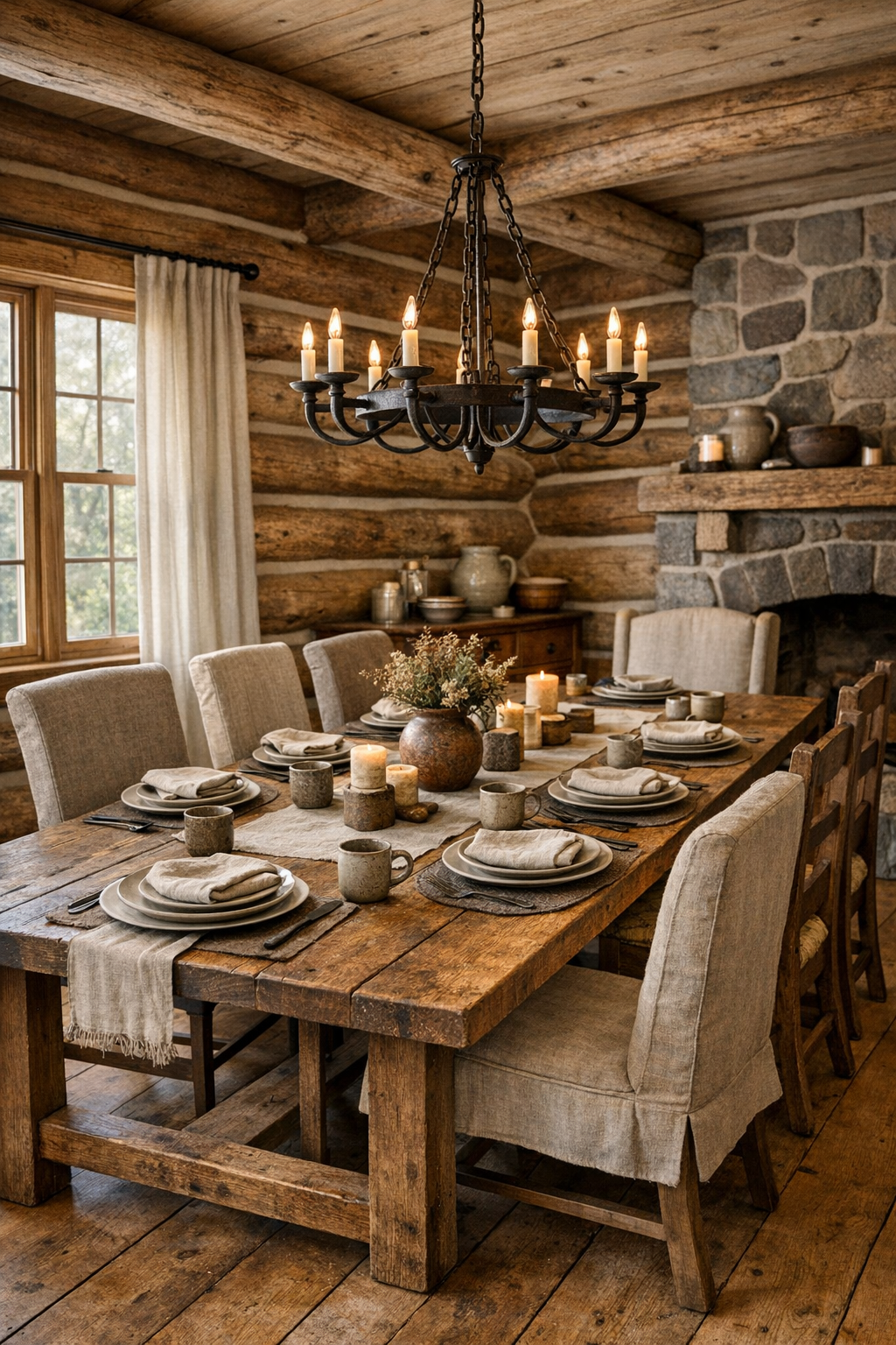 Rustic dining room with a long wood table, log walls, and soft daylight