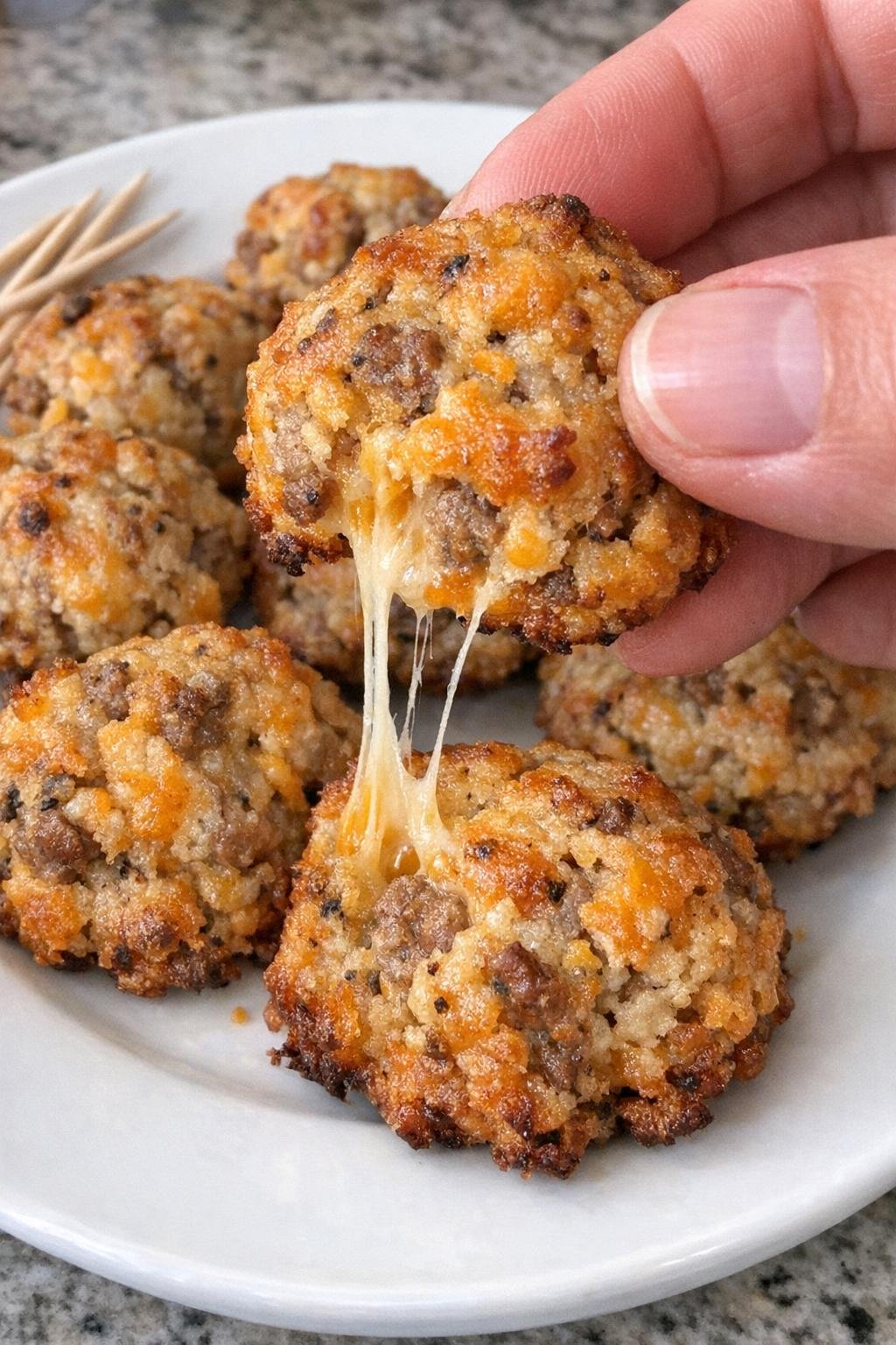 Golden-brown sausage bites with melted cheese stretch