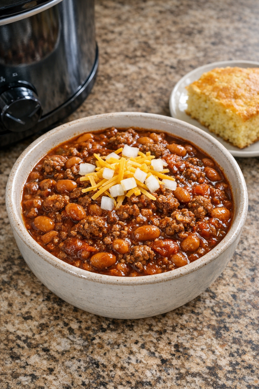 Finished poor man chili in a bowl with toppings