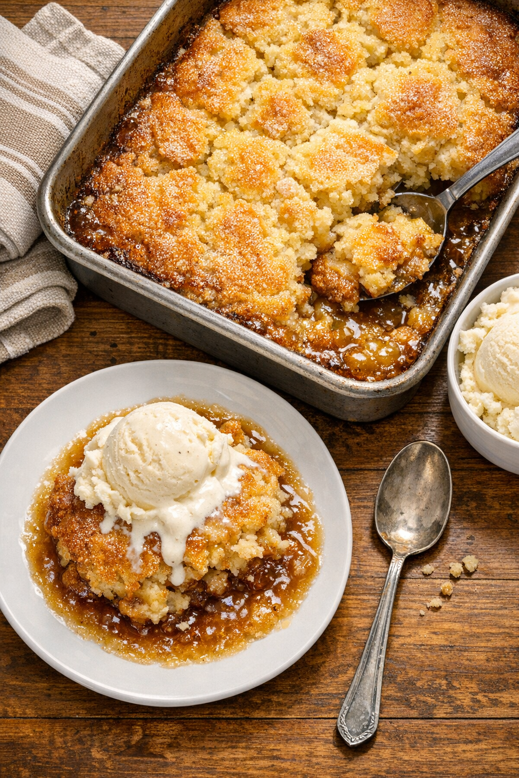 Warm root beer float-inspired baked dessert in a roasting pan