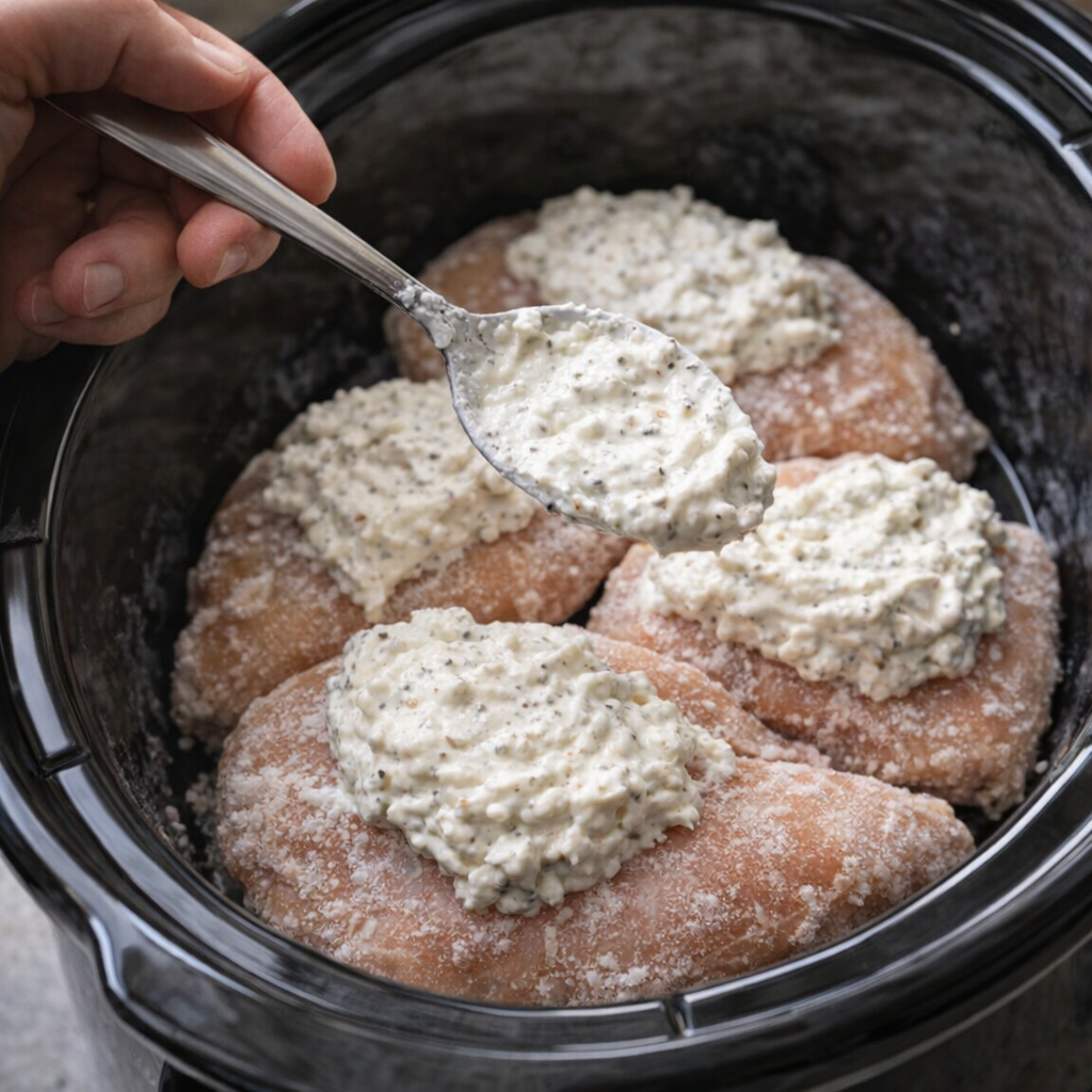 Creamy ranch mixture being spooned over chicken