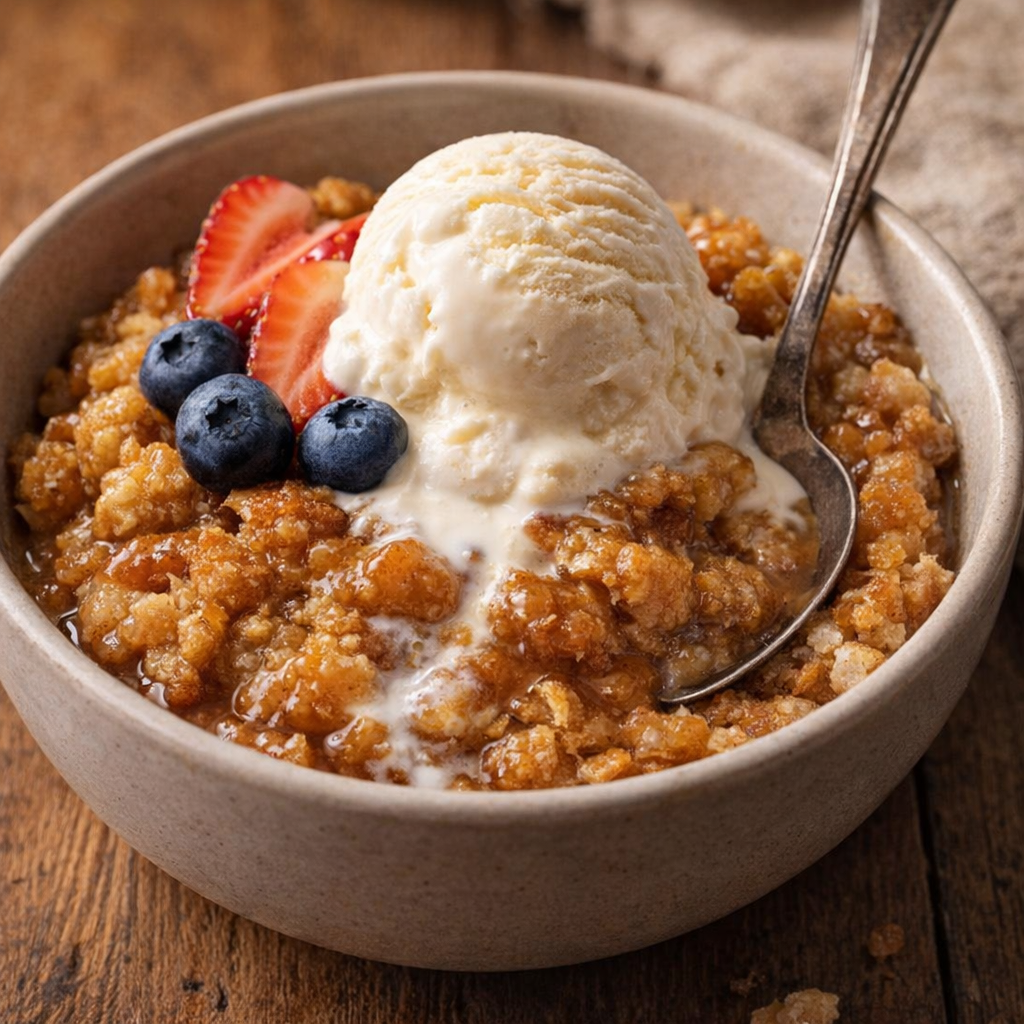 Warm sugar cone dessert served in a bowl with vanilla ice cream and berries