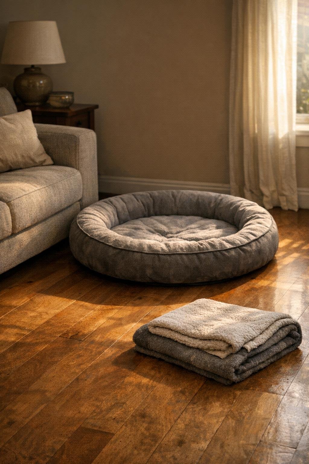 A quiet living room with an empty dog bed