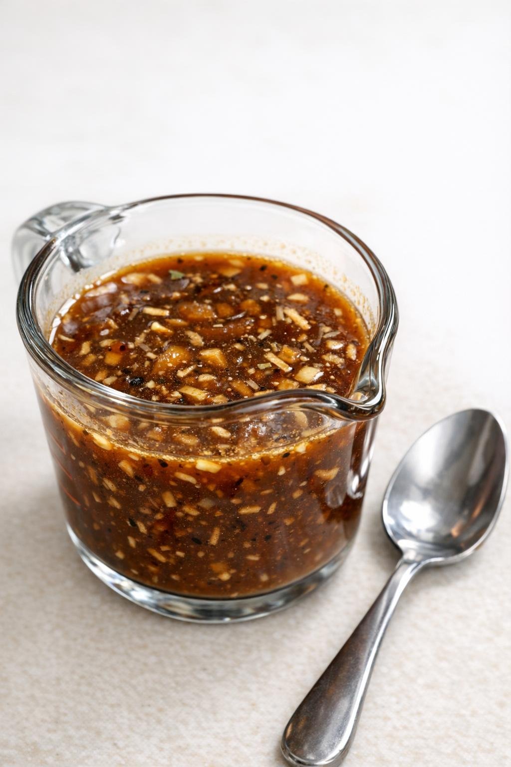Ingrediënten voor de saus gemengd in een maatbeker.