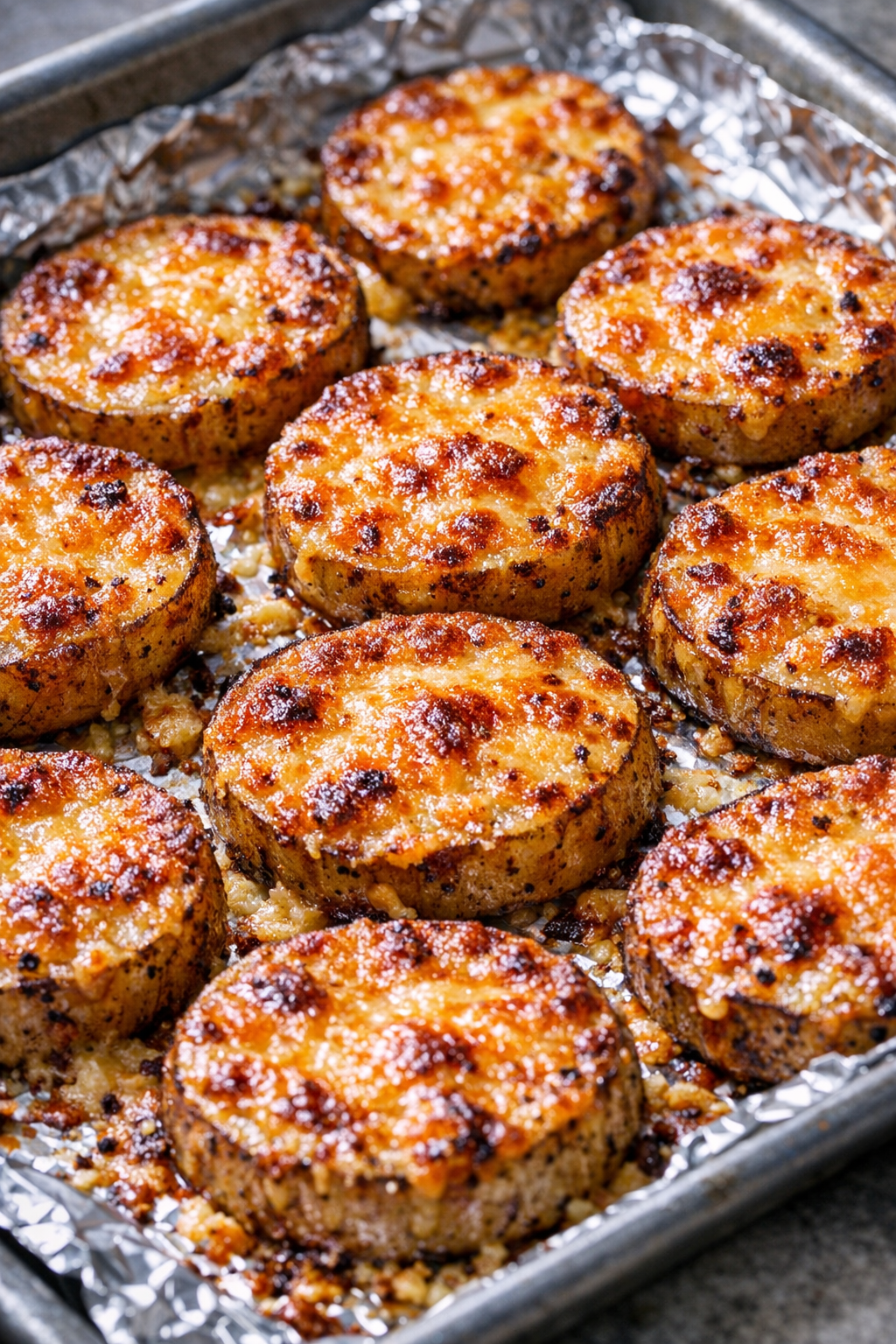 Cheesy potato rounds crisping under the broiler