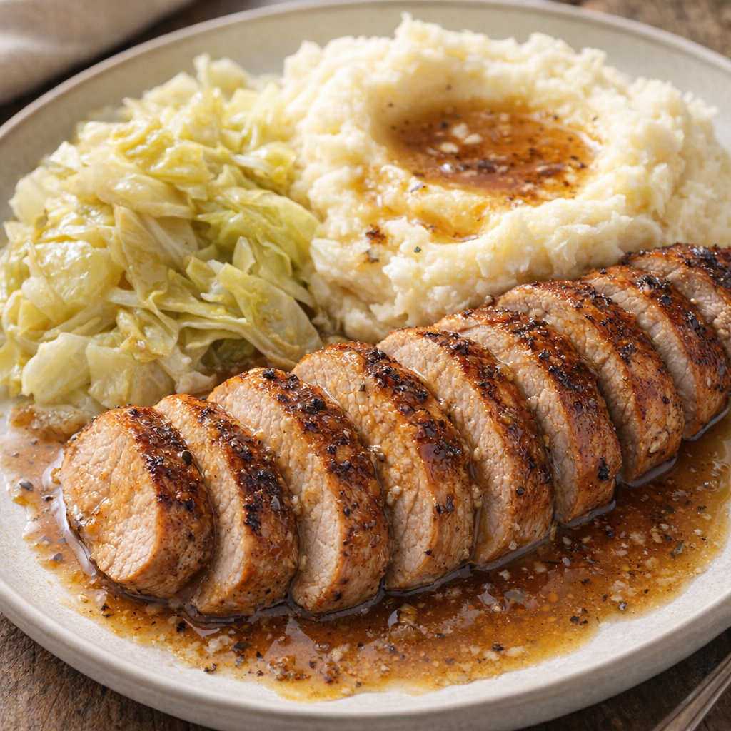 Sliced golden ale pork tenderloin plated with mashed potatoes and cabbage