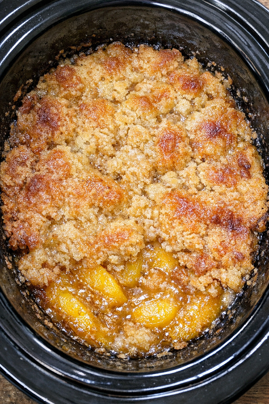 Slow cooker peach bellini cobbler in a black slow cooker