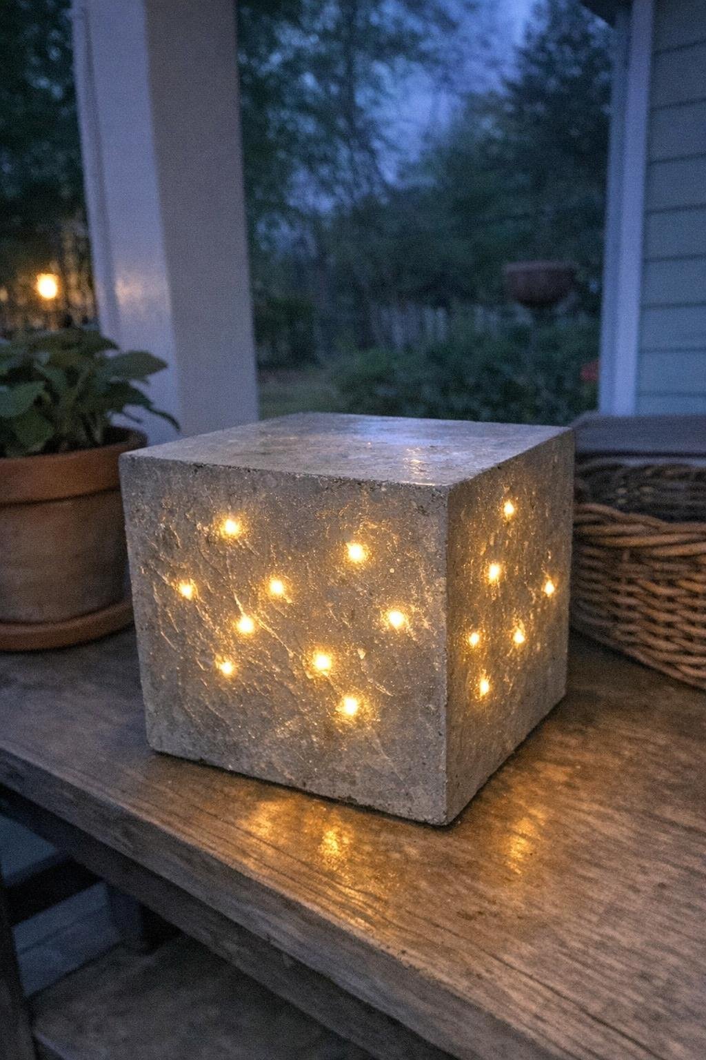 Concrete Christmas luminary glowing with fairy lights