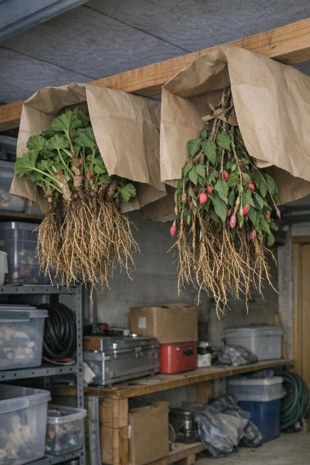 Bare-root geraniums and fuchsias stored in paper bags for winter