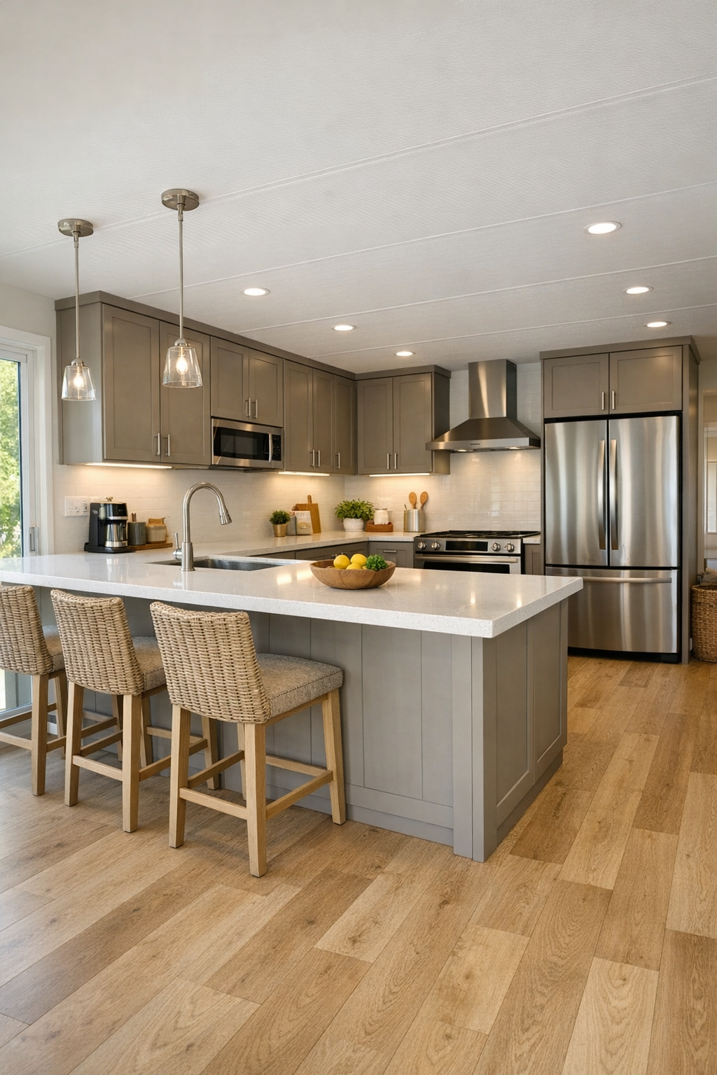 Soft gray modern kitchen with quartz counters, long island, and accessible layout