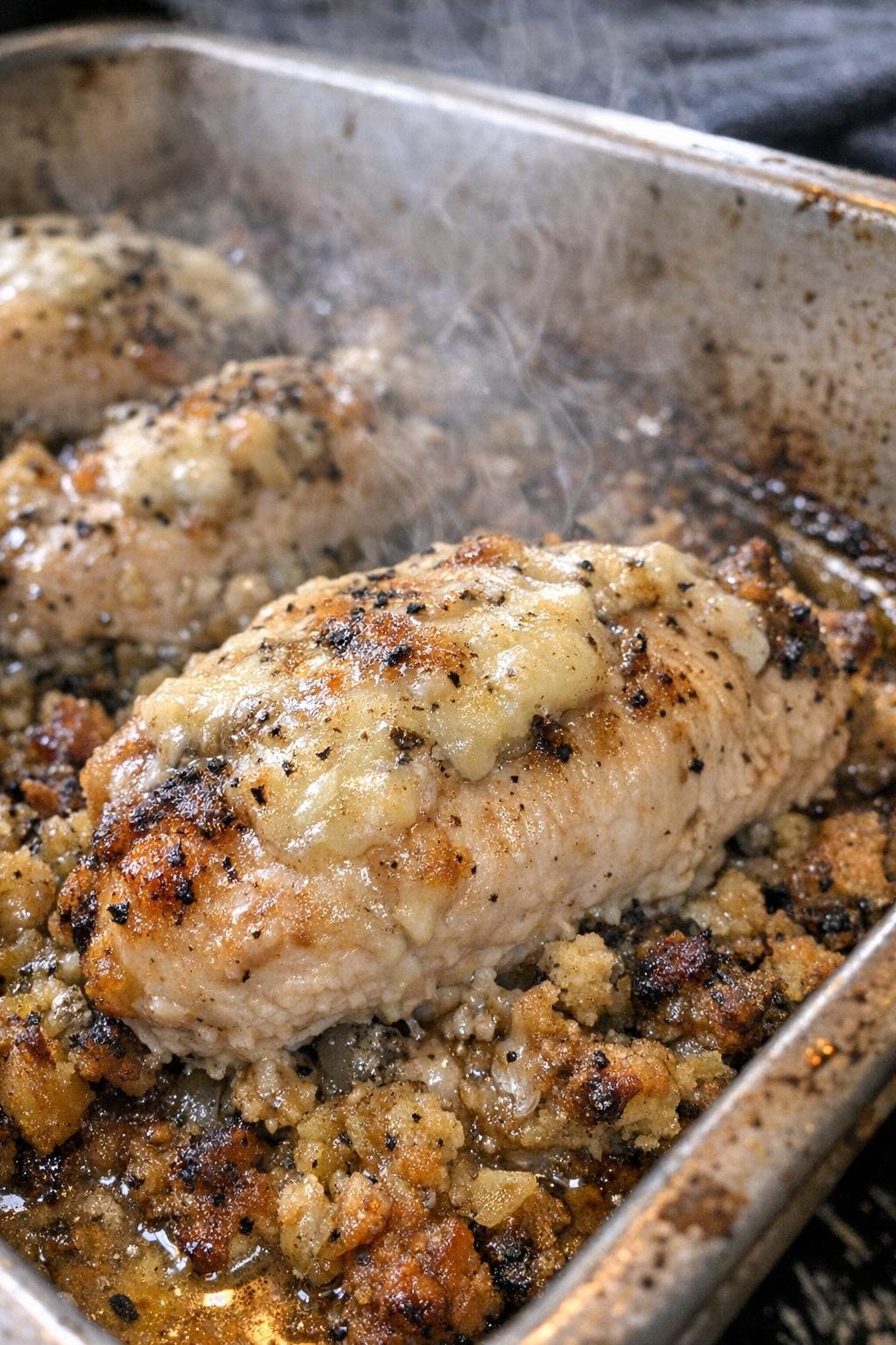 Roasted savory dish in a metal pan