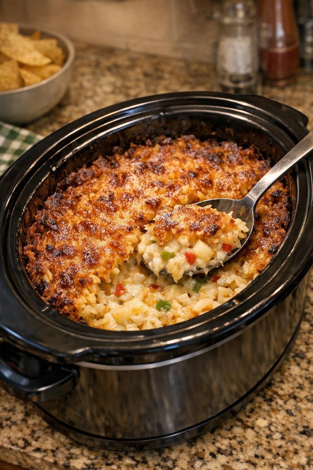 Finished slow cooker hash brown bake served hot with crispy edges
