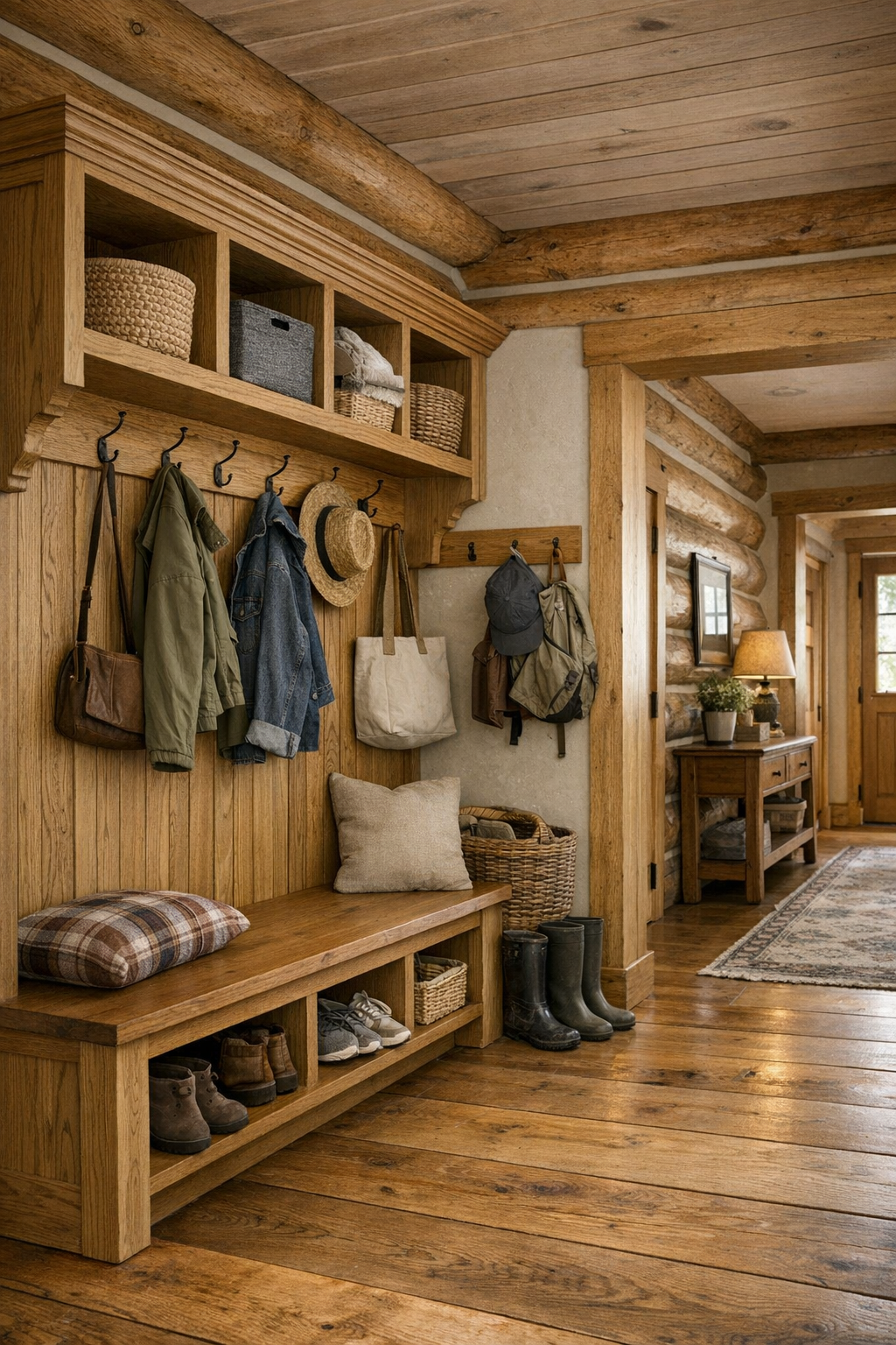 Mudroom and transition space with built-in oak storage, bench seating, and practical country details