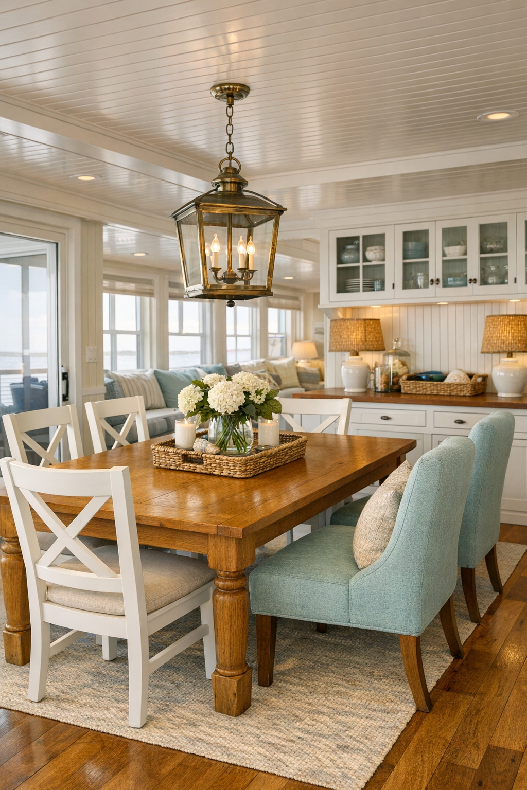 Coastal dining room with oak table, painted chairs, and lantern pendant