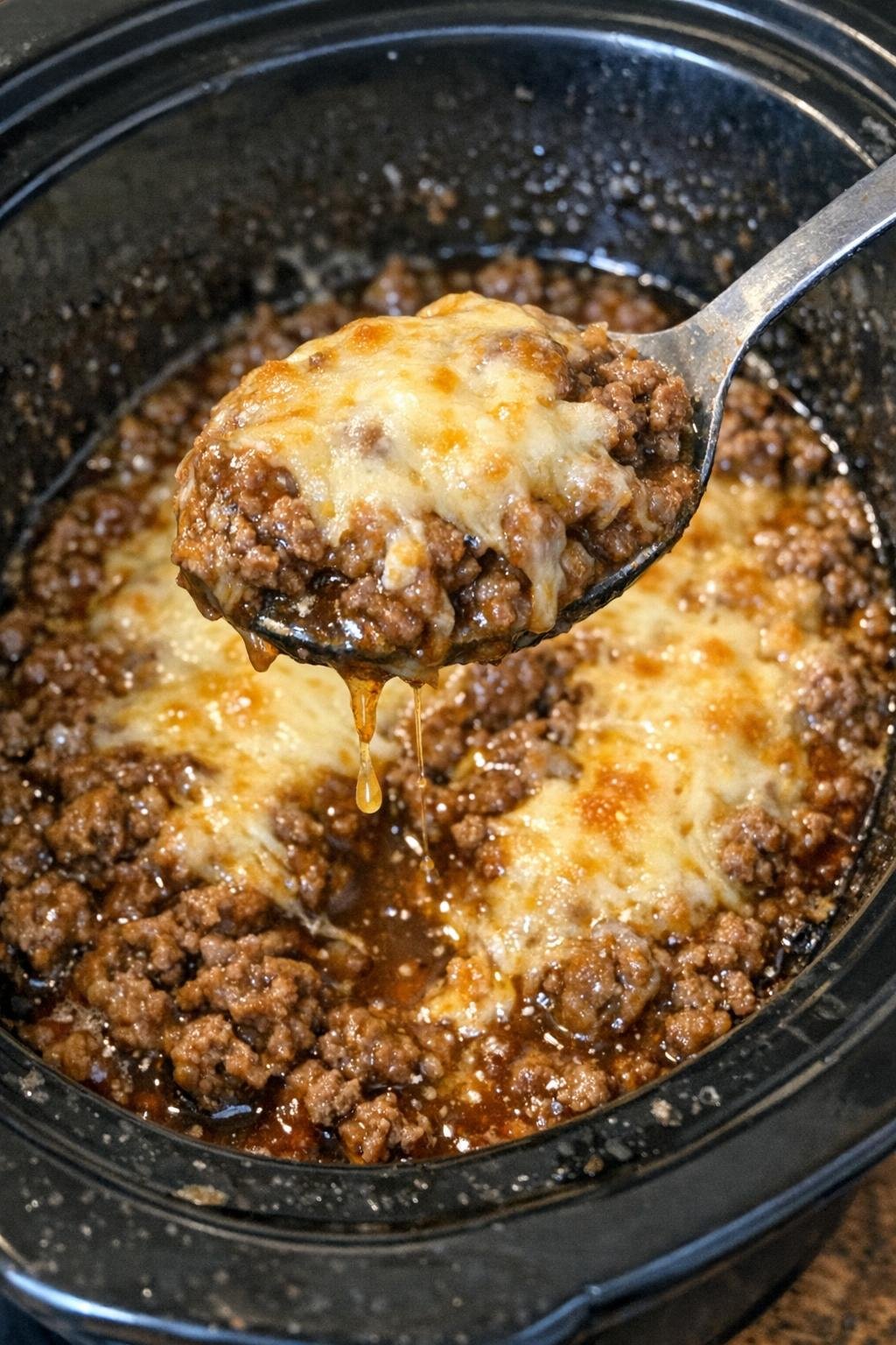 Savory ground beef with melted cheese in a slow cooker