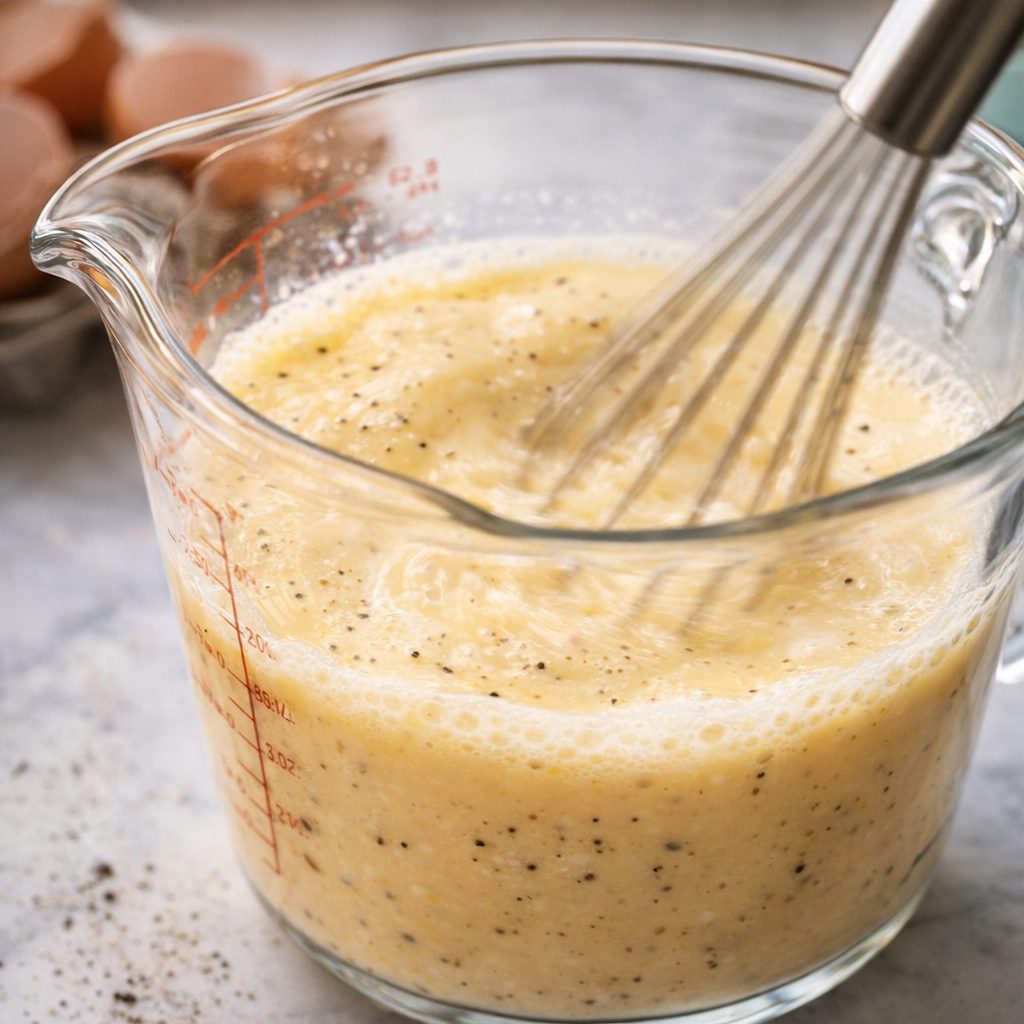 Egg and milk custard being whisked in a measuring pitcher
