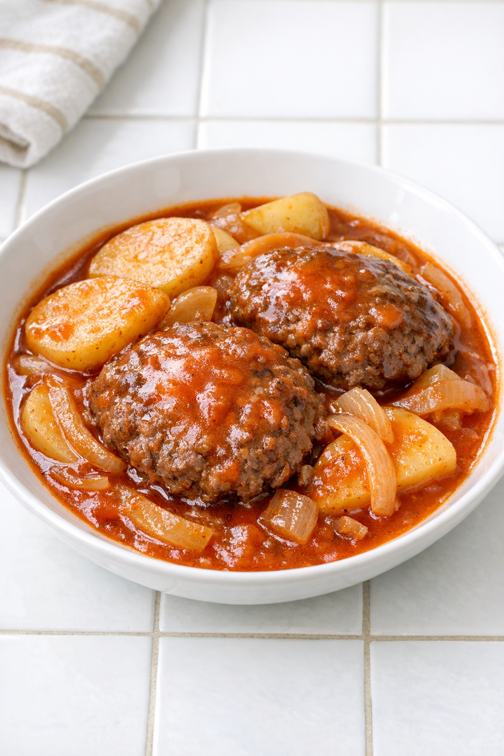 Finished slow cooker tomato beef plated with potatoes and onion in tomato gravy