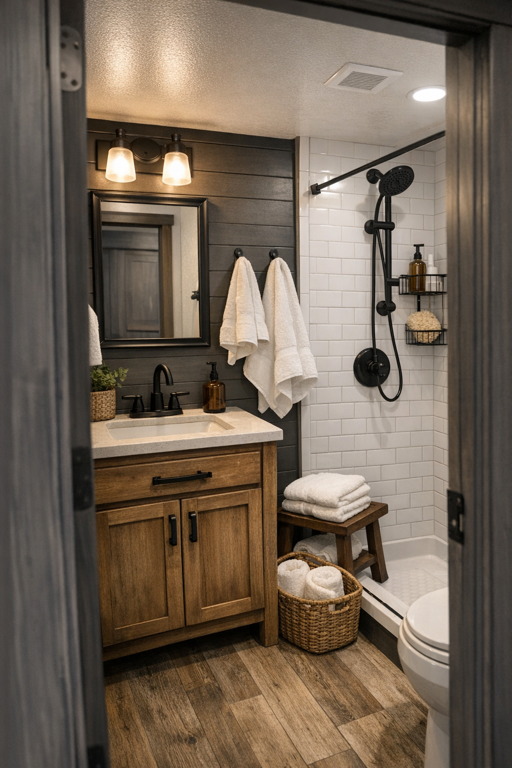 Clean modern farmhouse bathroom with black fixtures, white tile, and a warm wood vanity