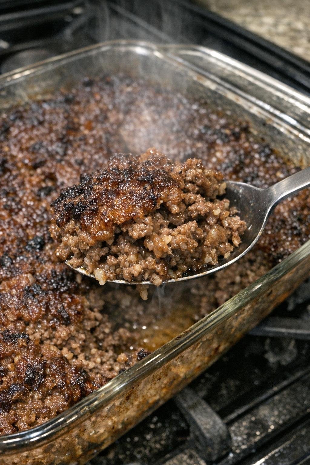 Juicy browned ground beef in a glass baking dish