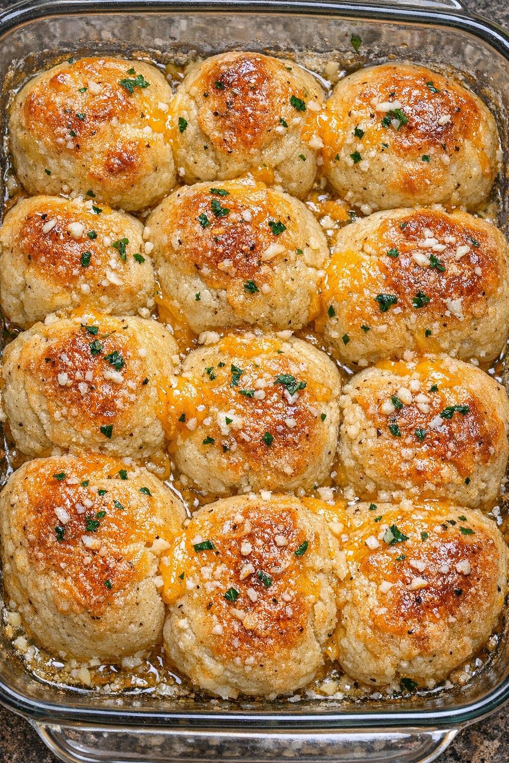 Southern garlic cheddar bites baked in a glass casserole dish