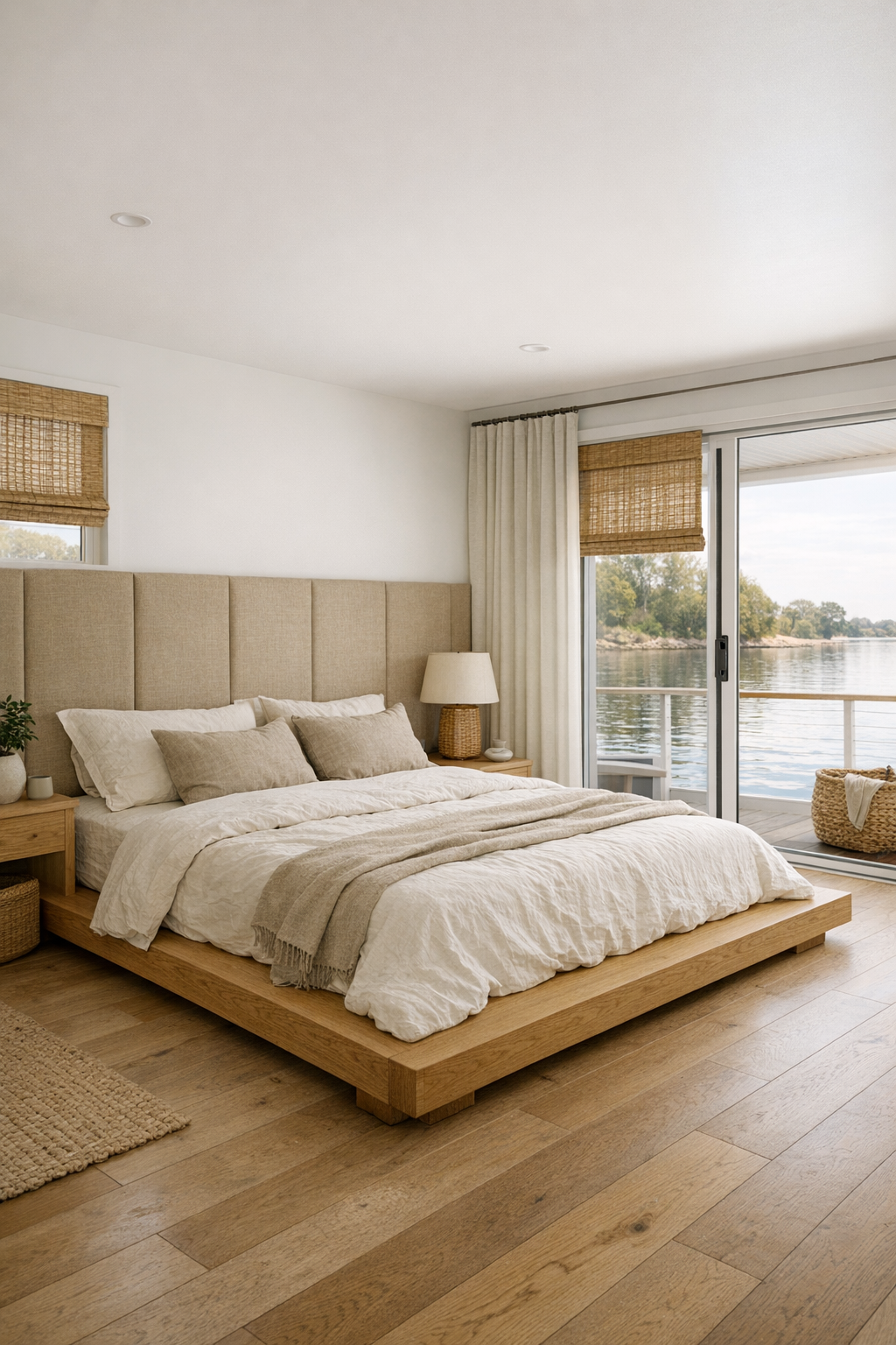 Calm bedroom with low oak platform bed, flax-toned wall panels, and soft blue-gray accents