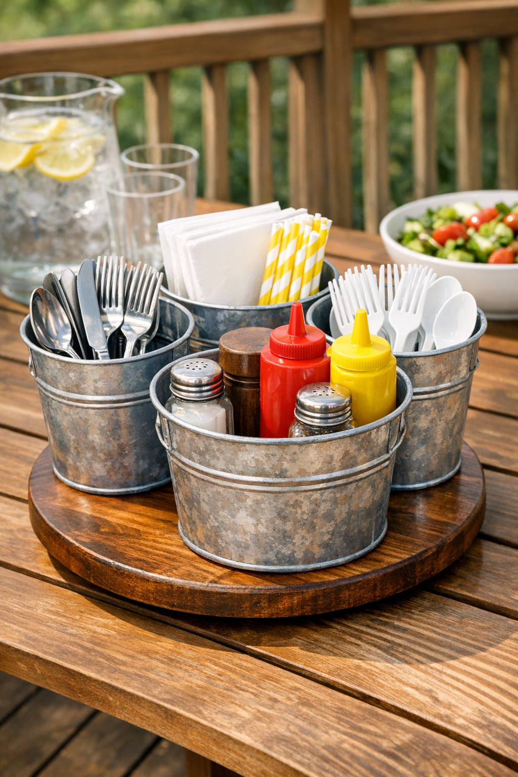 Finished galvanized bucket utensil caddy on a wooden lazy Susan