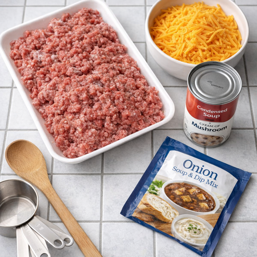 Ingredients arranged for slow cooker cheddar beef