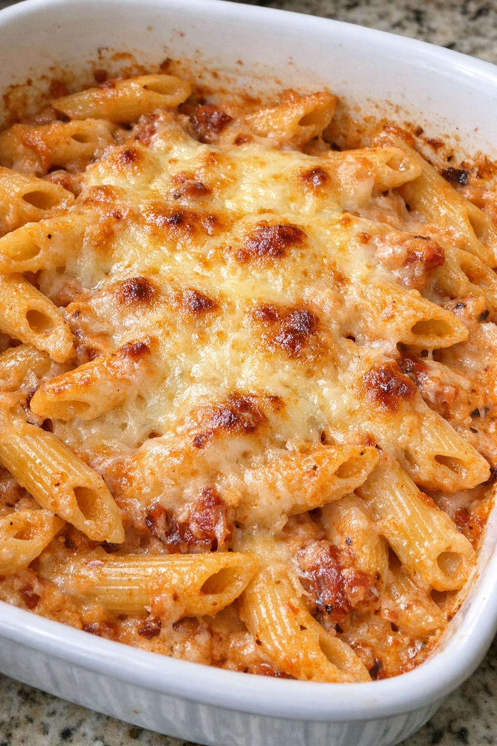 Baked penne in creamy sun dried tomato sauce