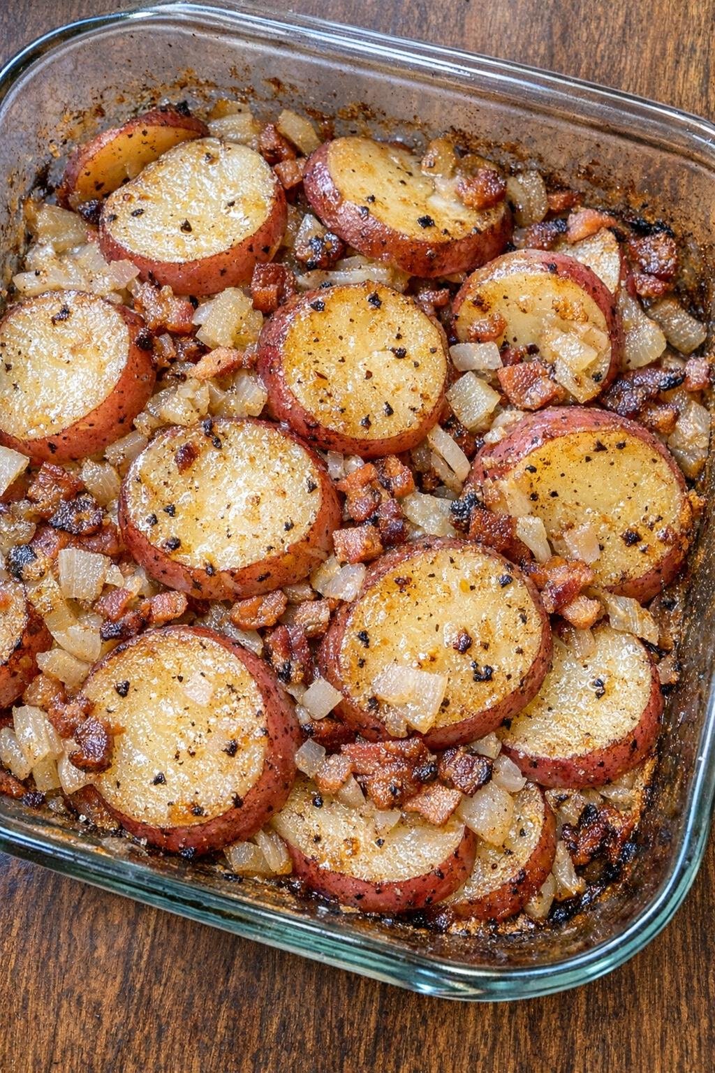Hot German potato bake in a glass casserole dish