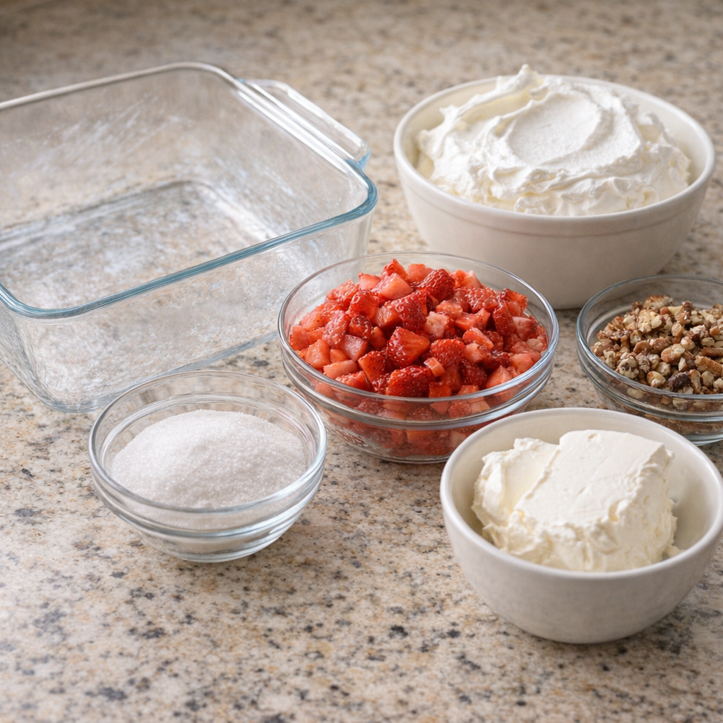 Prepared baking dish and ingredients for strawberry fluff