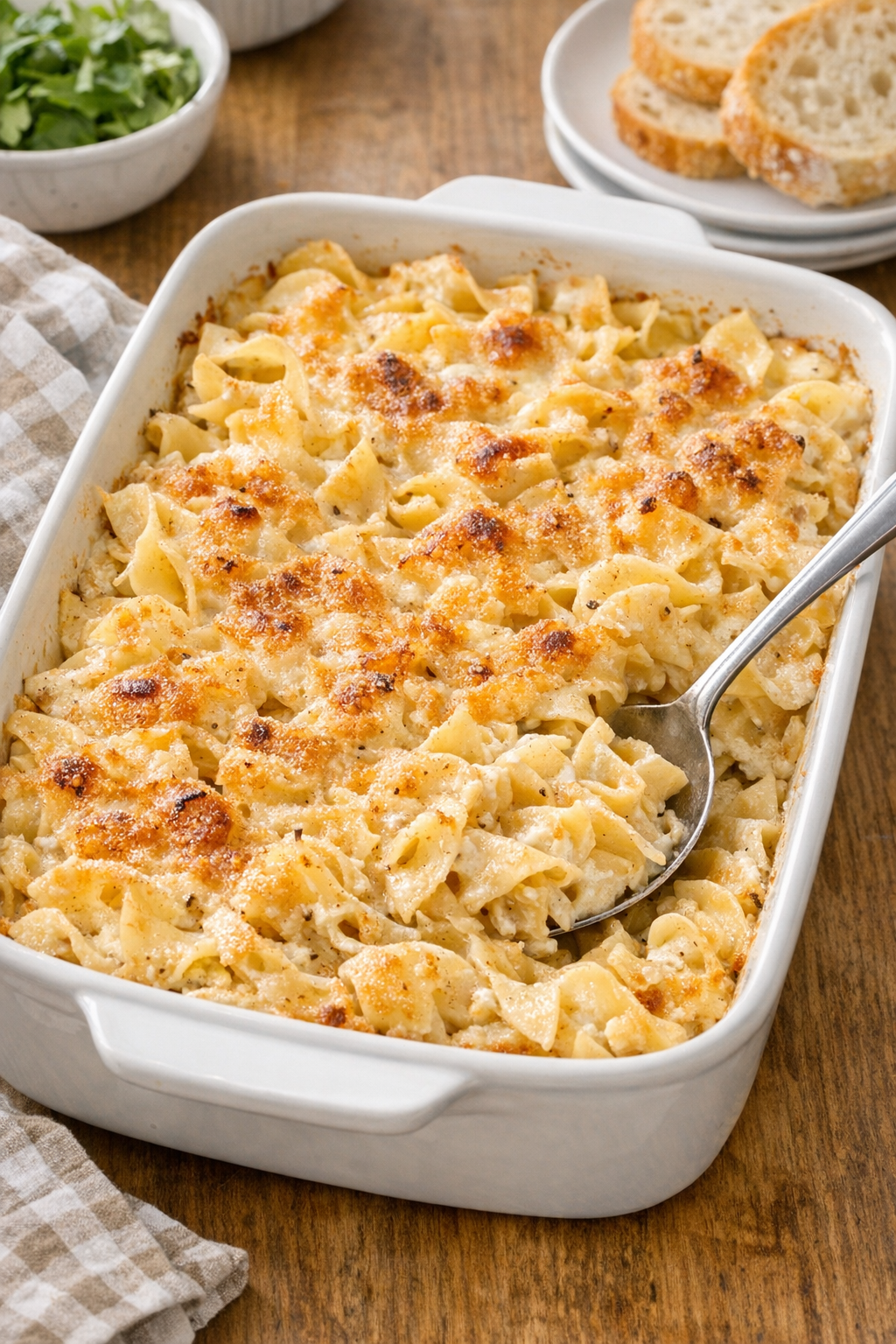 Baked French onion dip noodles in a casserole dish