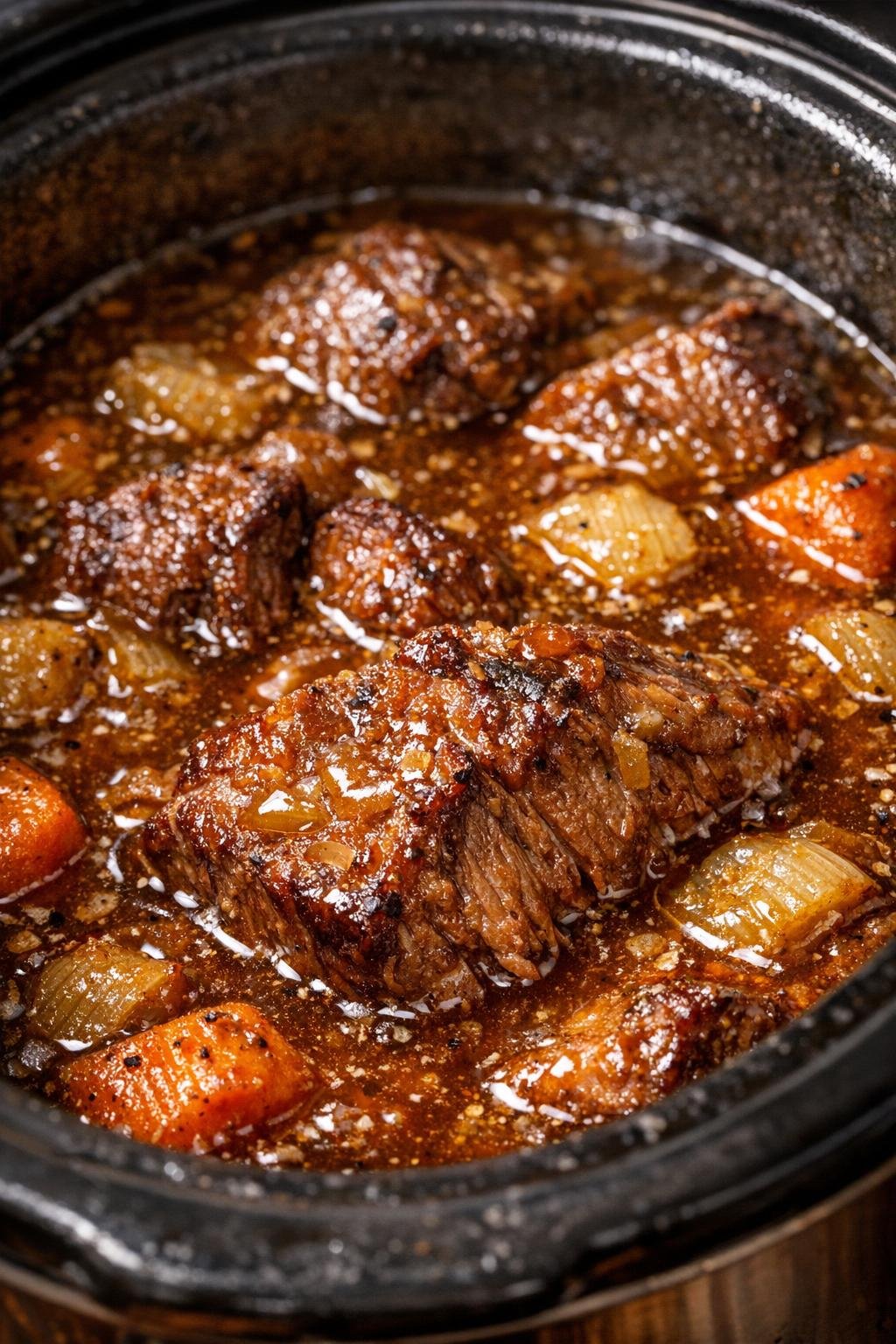 Slow cooker autumn beef bowl in rich amber broth