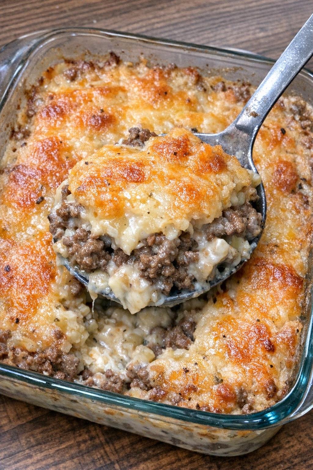 Hearty ground beef casserole with a golden bubbly top in a glass baking dish