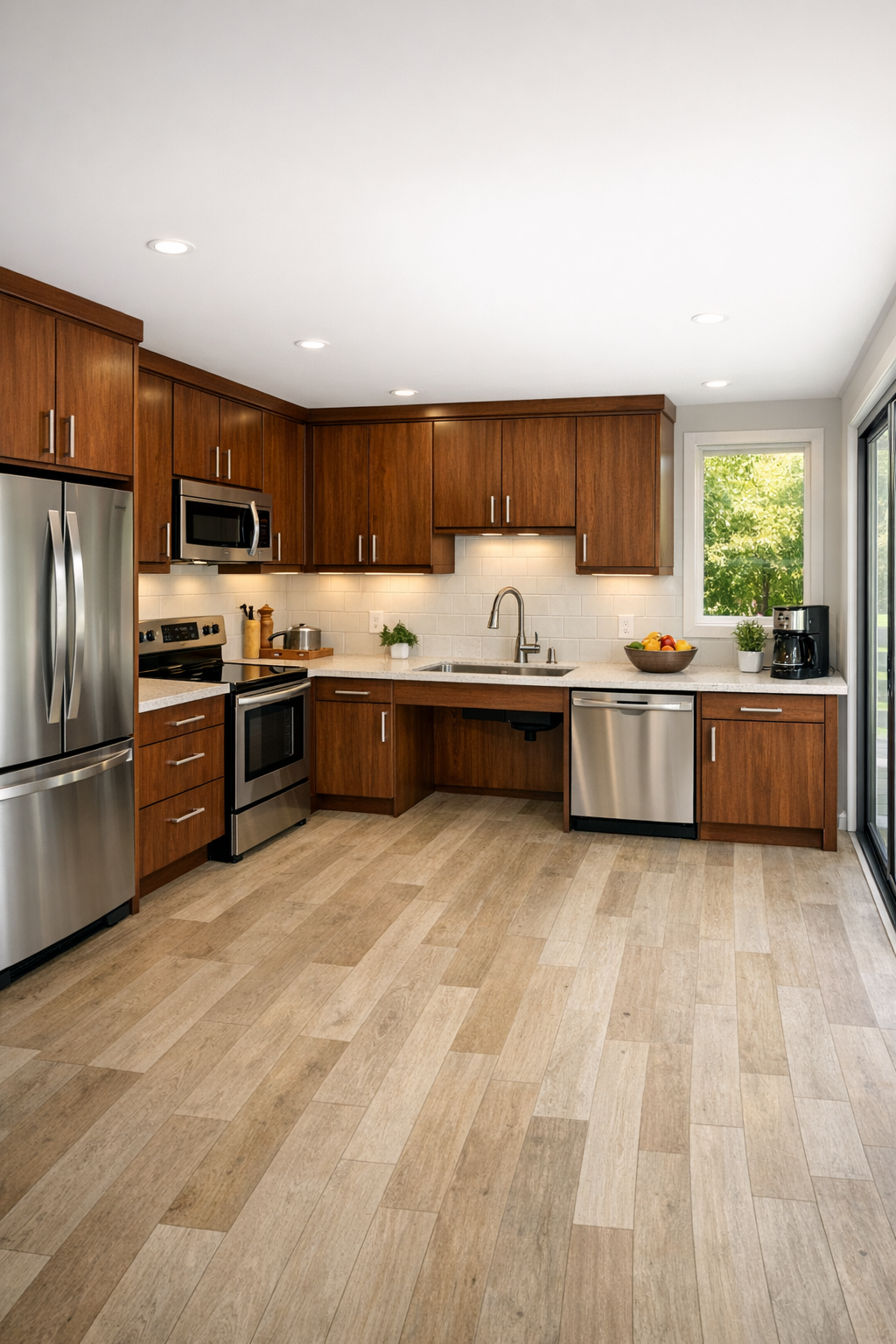 Accessible modern kitchen with mahogany tones, pale stone counters, and wide aisles