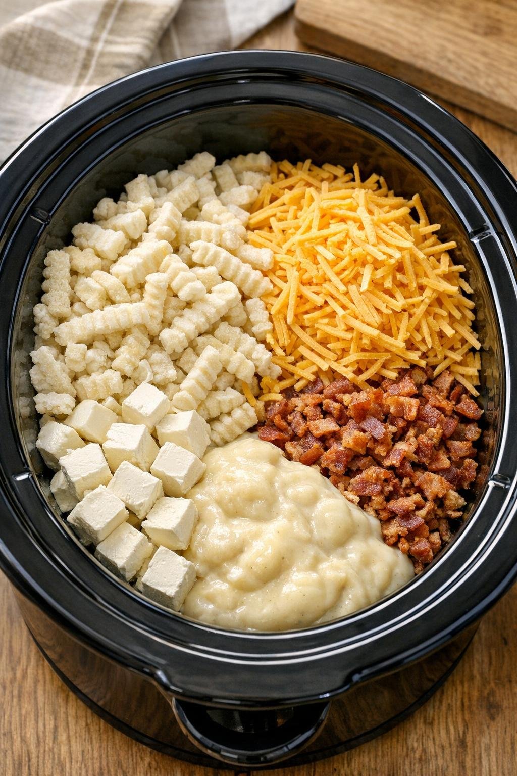 Ingrediënten toegevoegd aan een slowcooker vóór het mengen